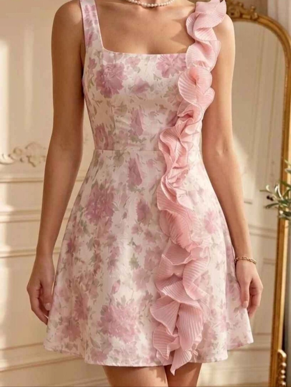 Mondressy Floral Pink Ruffle A-Line Dress Size 16 NEW